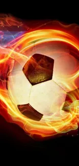 Fiery soccer ball with vibrant flames wallpaper.