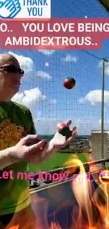 Ambidextrous juggler under blue sky with vibrant juggling balls.