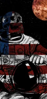 Astronaut on American flag with vintage and cosmic elements.