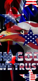 Patriotic wallpaper with American eagle and stars, 'In God We Trust' text.