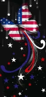 Butterfly with American flag design surrounded by colorful stars.