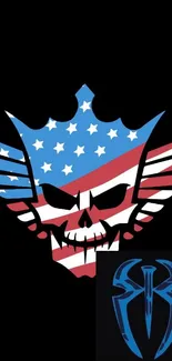 Patriotic skull design with USA flag colors on black background.