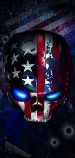 American flag skull with blue eyes on dark background.