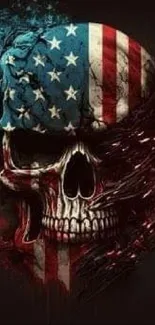 Realistic skull with American flag design on dark background.