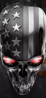 Metallic skull wallpaper with American flag design and glowing red eyes.