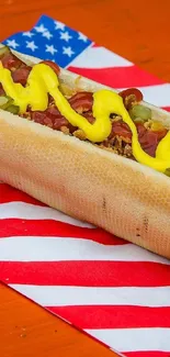 Hot dog on American flag with orange background.