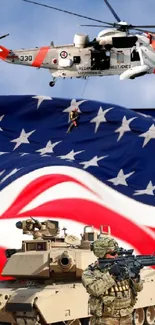 American flag with military helicopter, tank, and soldier.