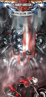 American flag skull with red motorcycle wallpaper.