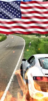 White sports car on road with waving American flag overhead.