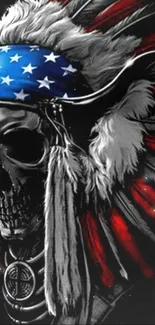 Skull with American flag and feathers wallpaper, dark mobile background.