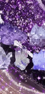 Amethyst crystals with sparkling purple and white accents on mobile wallpaper.