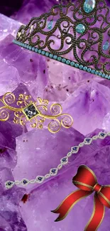 Amethyst crystals with crown and ribbon art.