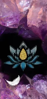 Purple amethyst wallpaper with lotus and feather design.