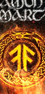 Amon Amarth fiery Viking emblem on a dark textured background.