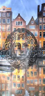 Artistic Amsterdam canal reflection with face illustration overlay.