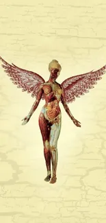 Anatomical angel with red wings on beige background.