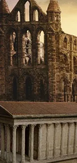 Ancient ruins with gothic architecture under a golden sky.