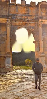 Man walking through ancient archway with warm stone tones.