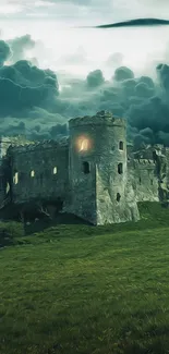 Ancient castle with stormy sky backdrop on a green field wallpaper.