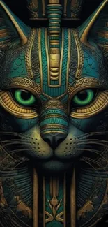 Aztec-inspired cat illustration in teal and gold for mobile wallpaper.