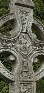 Intricate Celtic stone cross amidst green foliage.