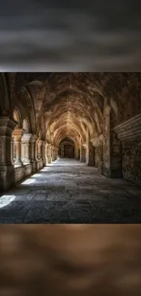 Dimly lit cloister hallway with arches and stone walls.