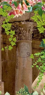 Wallpaper with ancient columns, green ivy, and floral design.