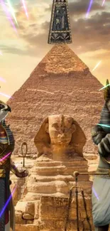 Ancient Egyptian gods with pyramid and sphinx wallpaper.