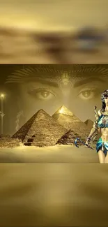 Egyptian themed wallpaper with pyramids and a powerful warrior goddess.