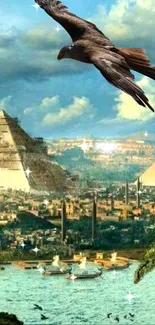 Serene Egyptian landscape with pyramids and eagle.