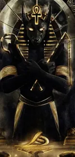 Anubis Egyptian god wallpaper with hieroglyphs and dark theme.