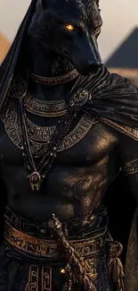 Anubis with pyramids in background, Egyptian theme.