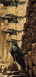 Egyptian bird statue against hieroglyphic wall
