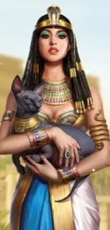 Ancient Egyptian queen holds a cat with pyramids in the backdrop.