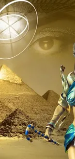 Ancient Egyptian fantasy art with pyramids and mystical figure on mobile wallpaper.