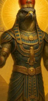 Illustration of an Egyptian god with an ankh and pyramid backdrop.