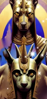 Egyptian gods artwork with Anubis motif in gold and cosmic theme on mobile wallpaper.