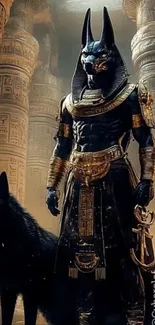 Egyptian deity and black canine in ancient temple.