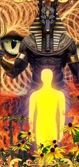 Anubis themed mobile wallpaper with golden hues and mystical imagery.