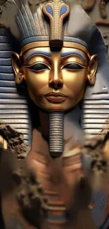 A golden pharaoh art piece on Egyptian themed wallpaper.