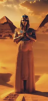 Pharaoh statue with pyramids in a glowing desert sunset.