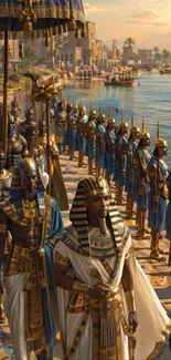 Egyptian pharaoh leading a grand procession by the river.
