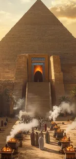 Ancient Egyptian pyramid with grand entrance and figures.