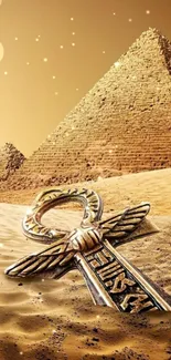 Golden Egypt pyramids and ankh in desert.