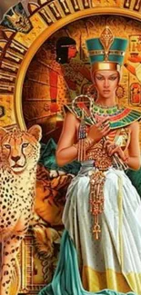 Egyptian queen and cheetah artwork on mobile wallpaper.