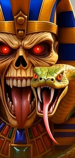 Skull and snake with Egyptian theme in vibrant colors.