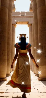 Mystical figure in ancient Egyptian temple corridor.