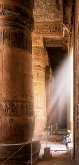 Ancient Egyptian temple interior with sunlit columns.