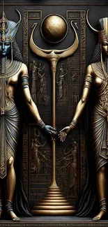 Ancient Egyptian themed wallpaper with deities and gold accents.