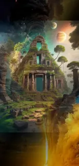 Mysterious ancient temple in a fantasy landscape, vibrant colors.